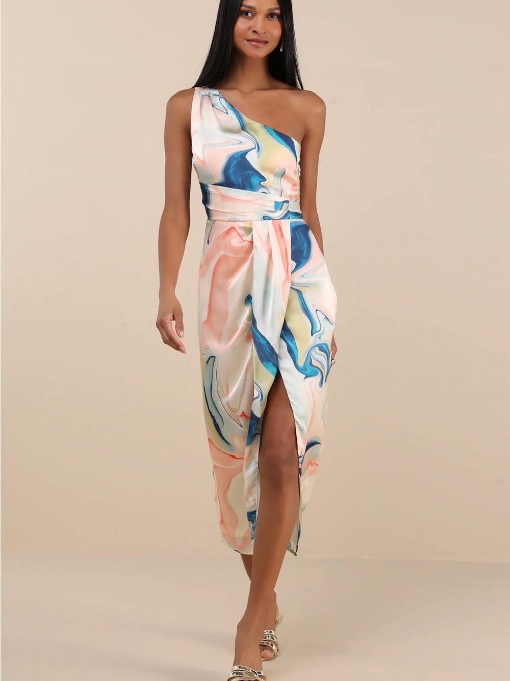 Lulu's One-Shoulder Marble-Print Midi Dress in Blue, Peach, Yellow,